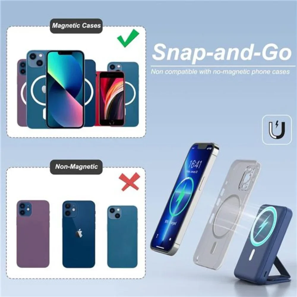 Magnetic Power Bank, 10000mAh Foldable Wireless Portable Charger with USB-C